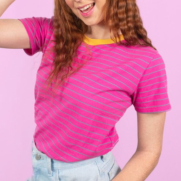 PINK STRIPE TEE W/ CONTRAST NECK BAND - Picture 1 of 11